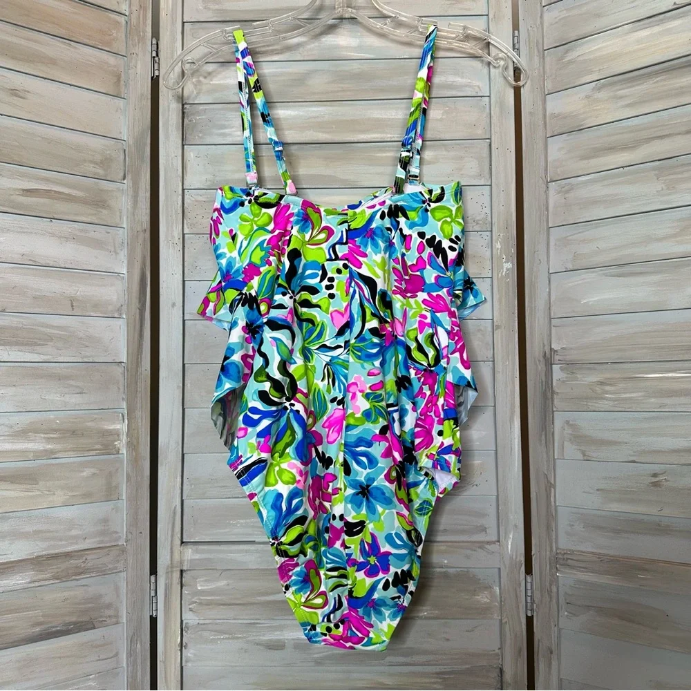 Caribbean Joe tiered bandeau 1 piece swimsuit removable straps floral Small NWT